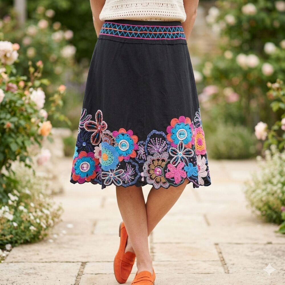 Vintage Colorful Crochet Beaded Embroidered Midi Skirt Waist 28" Black A Line
